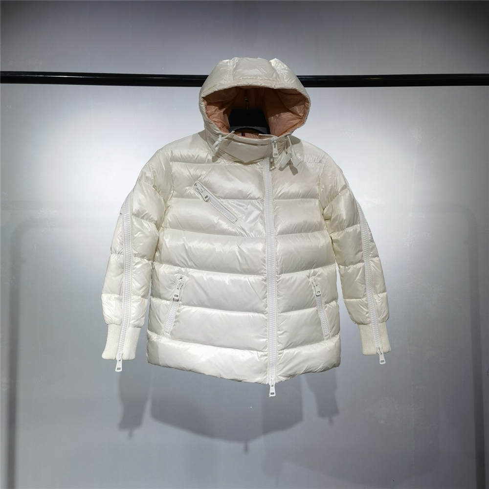 Moncer diagonal zipper down jacket white pink lining